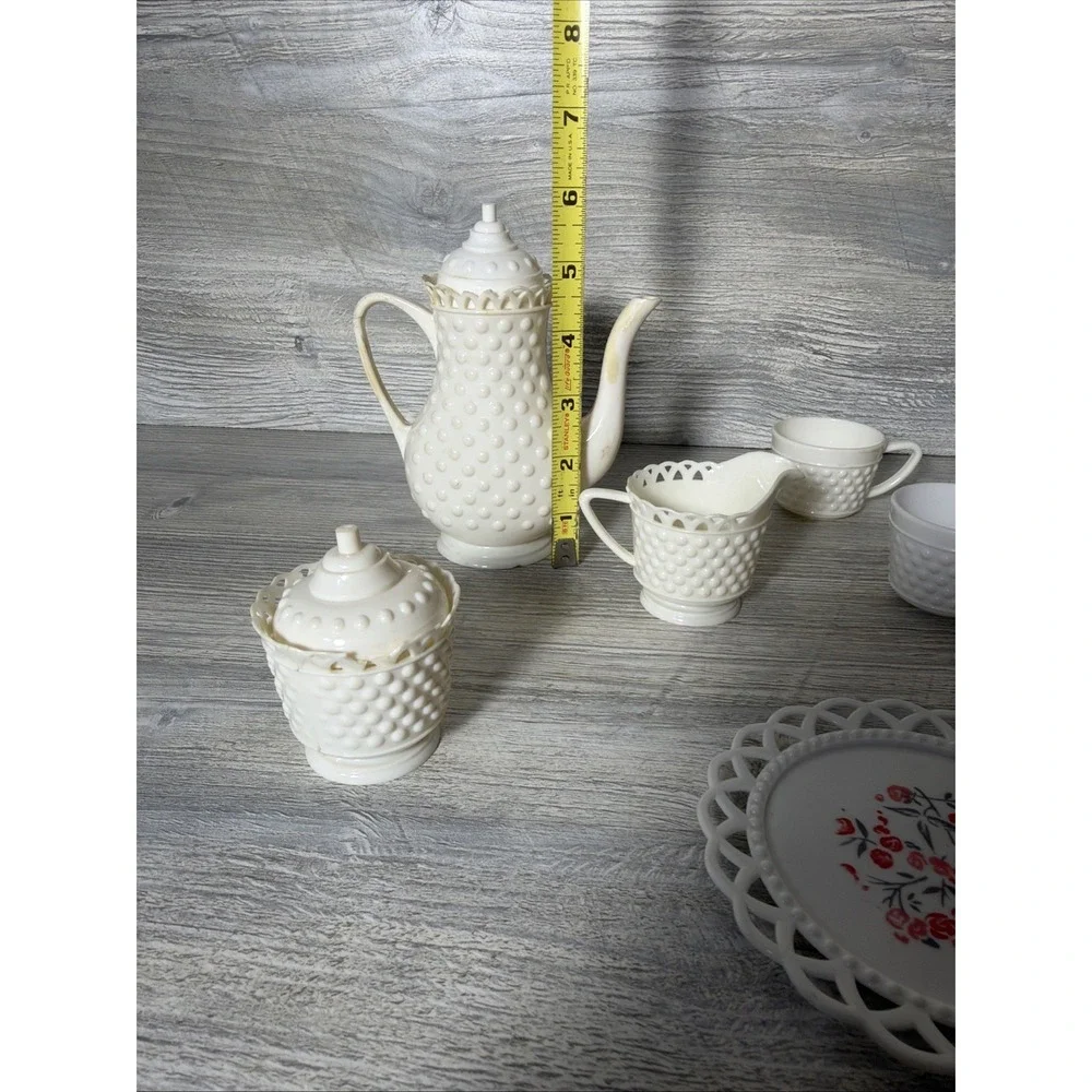 Vtg 1960's Plastic White Lattice & Hobnail Pink Dogwood Toy Dishes Tea Set 17 Pc